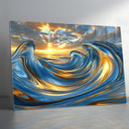 Temperli Cam Duvar Tablosu – Mavi ve Altın Akışkan Dalga Soyut Dekor