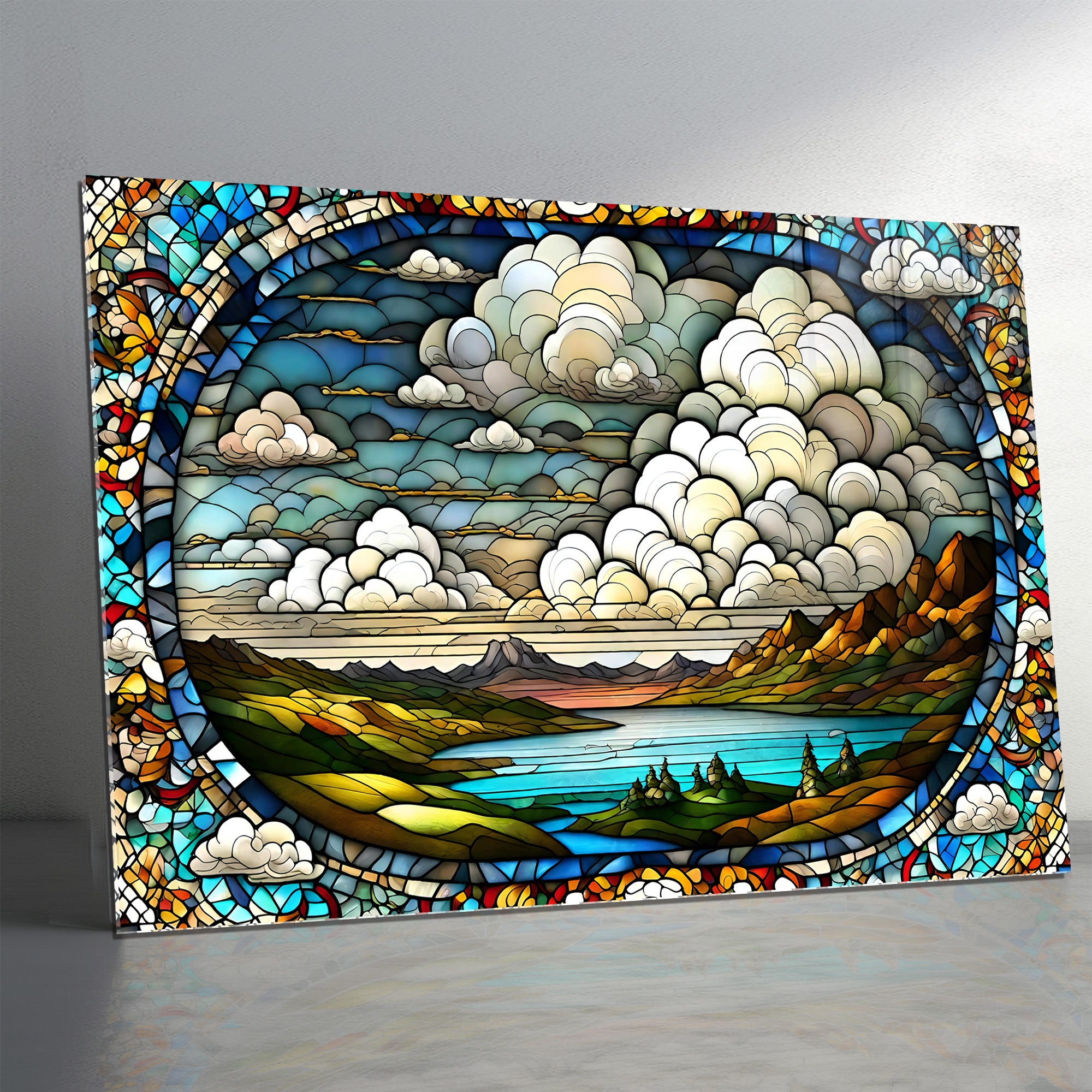 Günbatı Temalı Vitray Görünümlü Temperli Cam Tablo – Renkli Doğa Duvar Dekoru (Kopya)