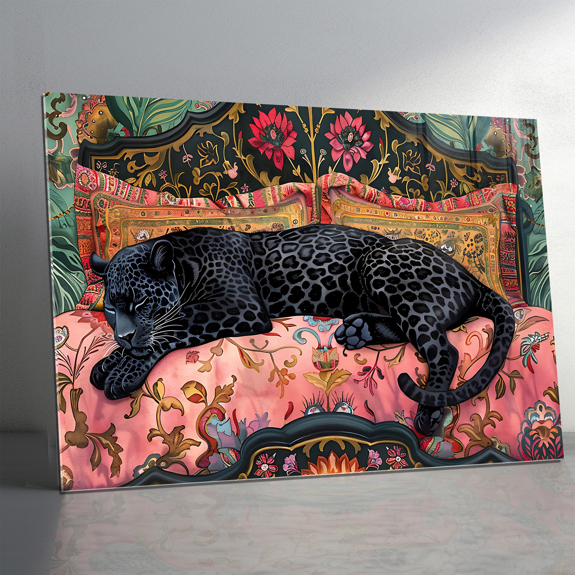 Temperli Cam Leopar Duvar Tablosu – Modern Bohem Hayvan Temalı Dekor, Lüks Sanat Tasarımı