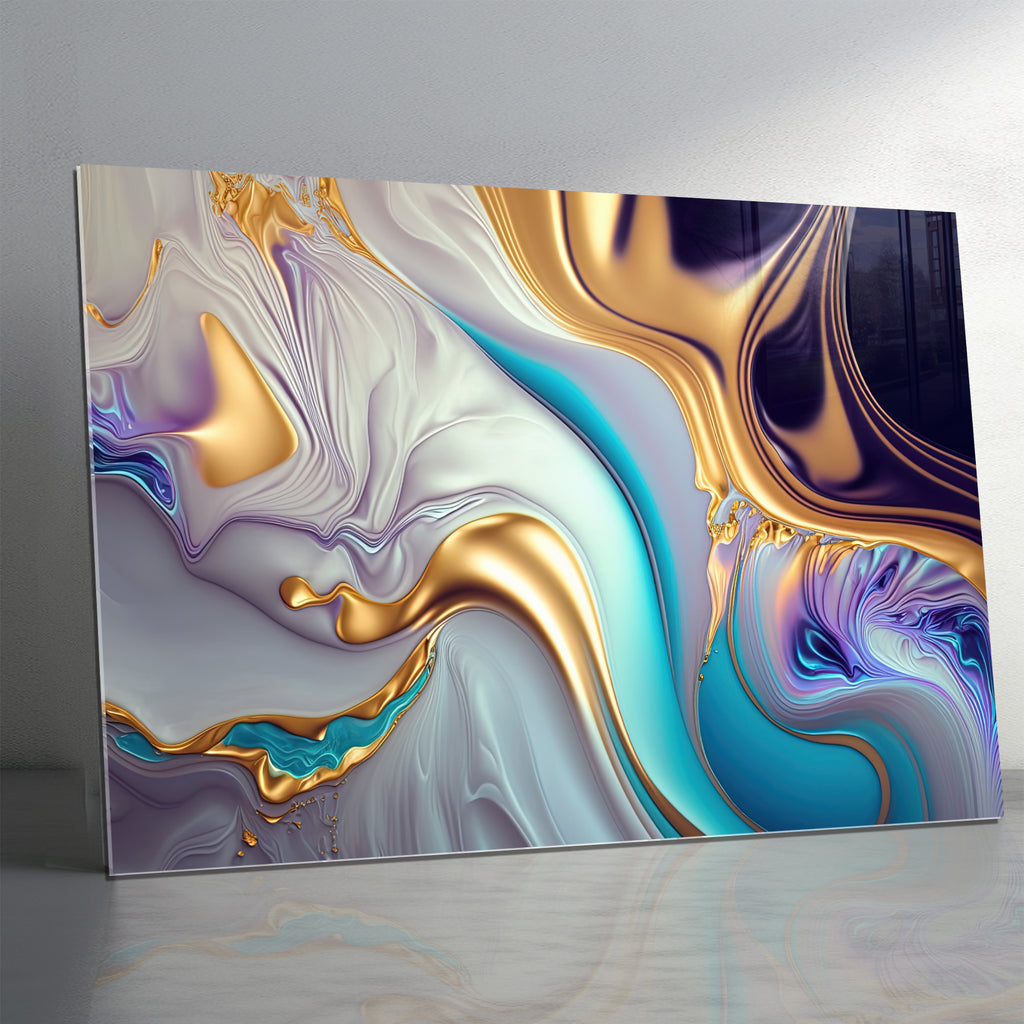 Gold Abstract Chrome Glass Wall Art – Metallic Fluid Design on Tempered Glass