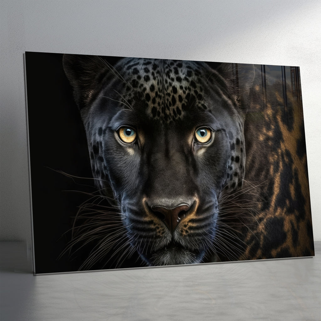 Black Leopard Wall Art – Wild Animal Portrait on Tempered Glass Panel