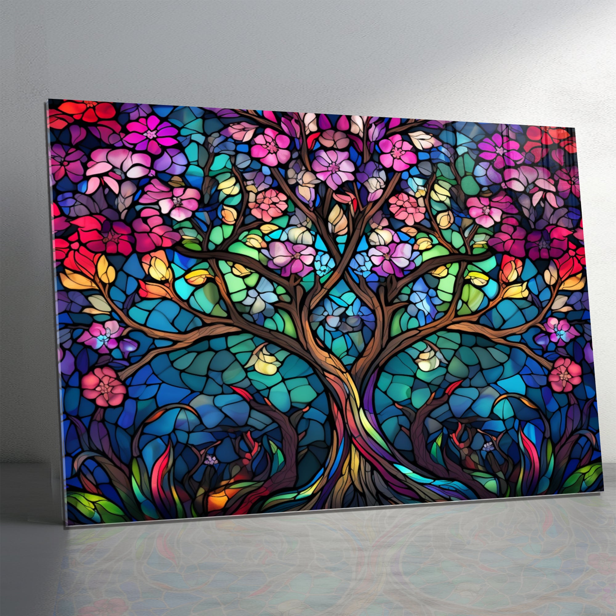 Ağaç Temalı Vitray Görünümlü Temperli Cam Tablo – Renkli Doğa Duvar Dekoru