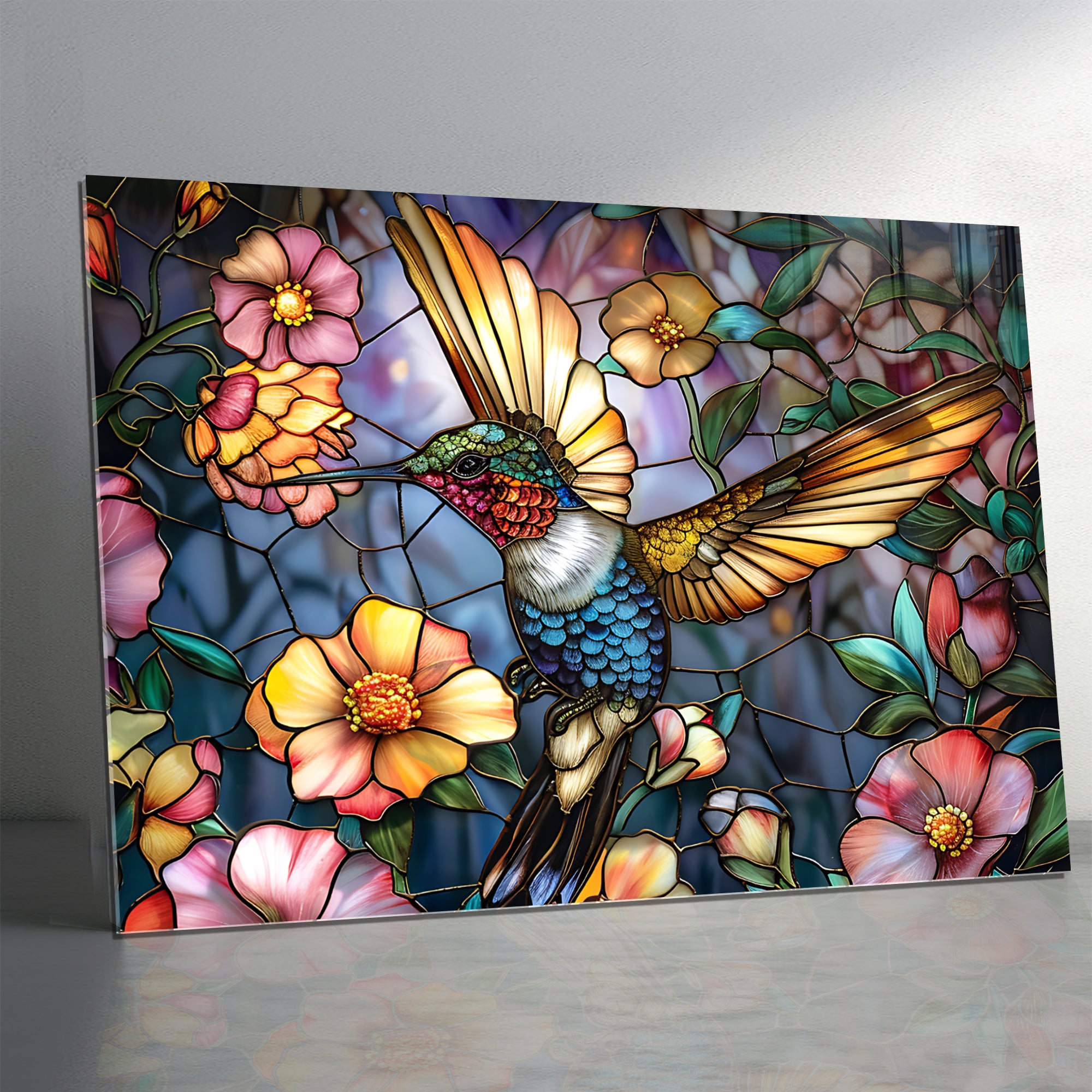 Sinek Kuşu ve Çiçekler Temalı Vitray Görünümlü Temperli Cam Tablo – Renkli Doğa Duvar Dekoru
