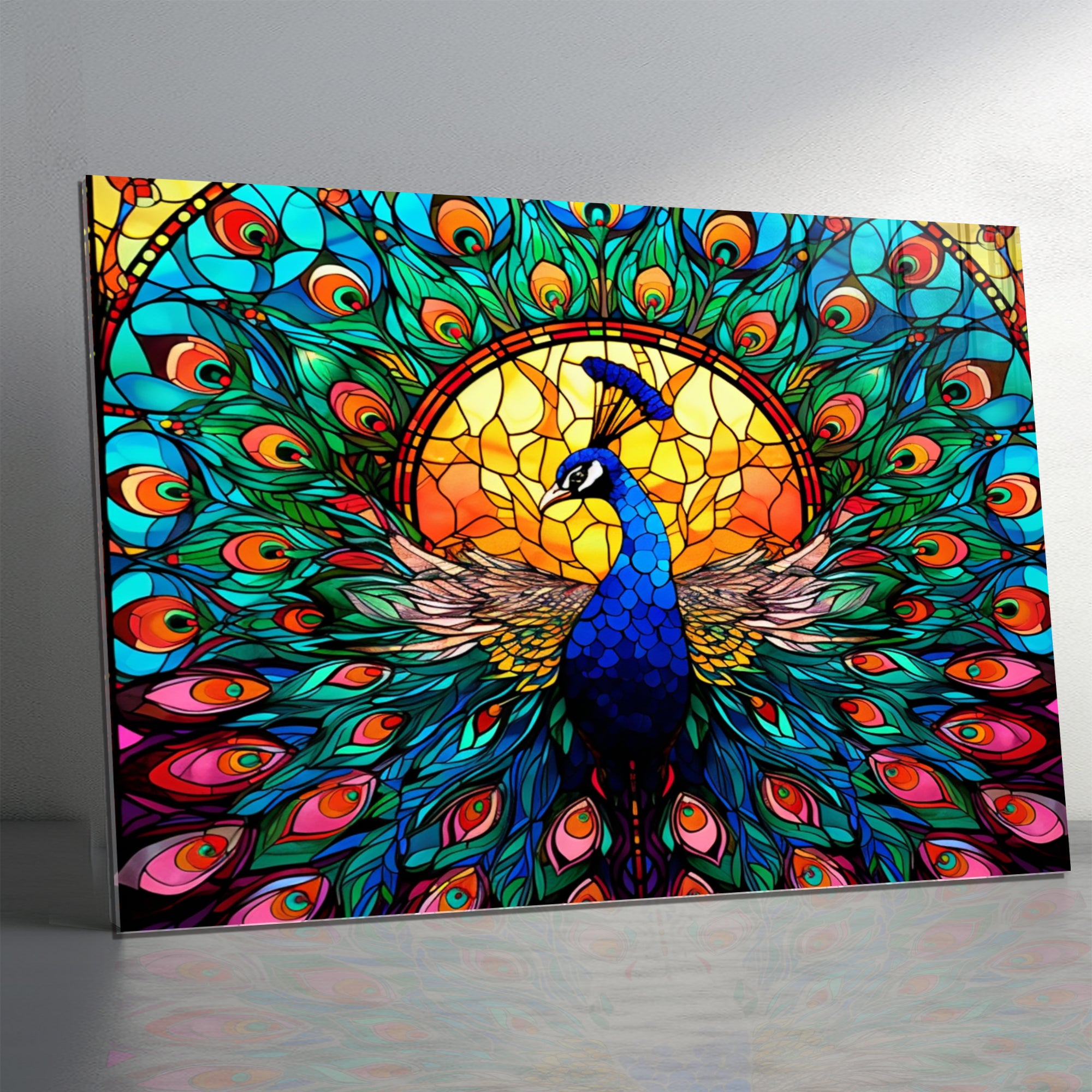 Tavuz Kuşu Temalı Vitray Görünümlü Temperli Cam Tablo – Renkli Doğa Duvar Dekoru