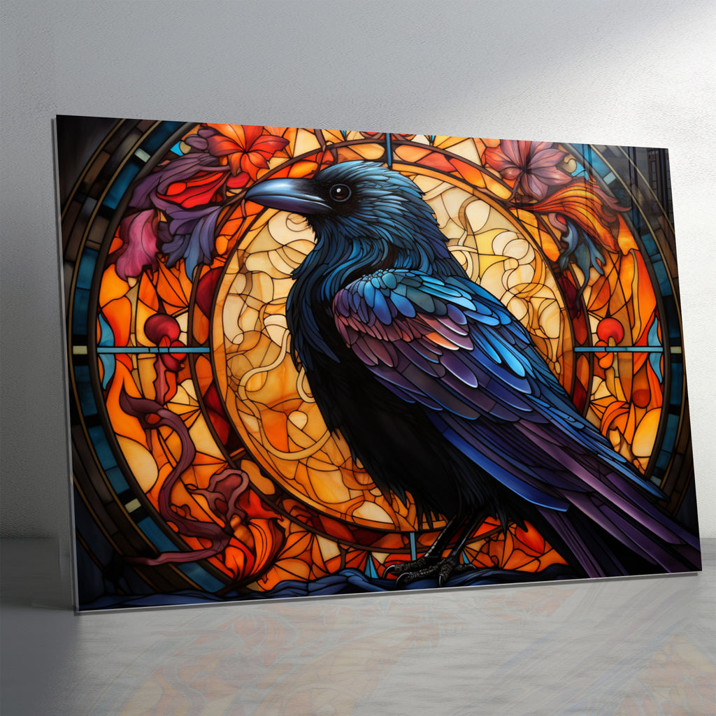 Raven Stained Glass Wall Art – Gothic Crow Bird Panel on Tempered Glass
