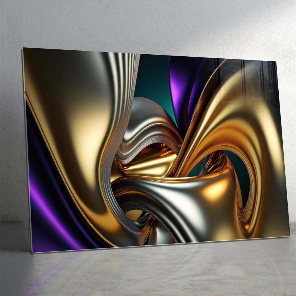Gold &amp; Purple Abstract Glass Wall Art – Luxury Metallic Fluid Design on Tempered Glass