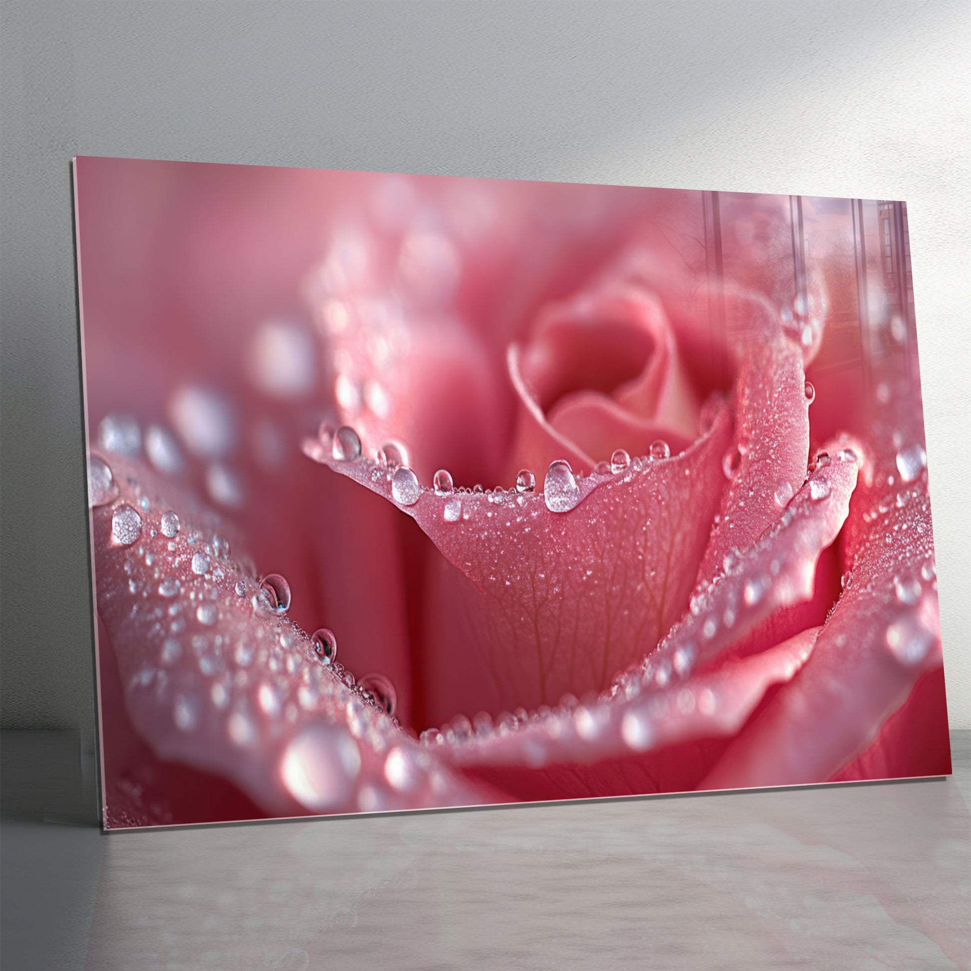 Pink Rose Macro Wall Art – Dew Drop Floral Tempered Glass Panel