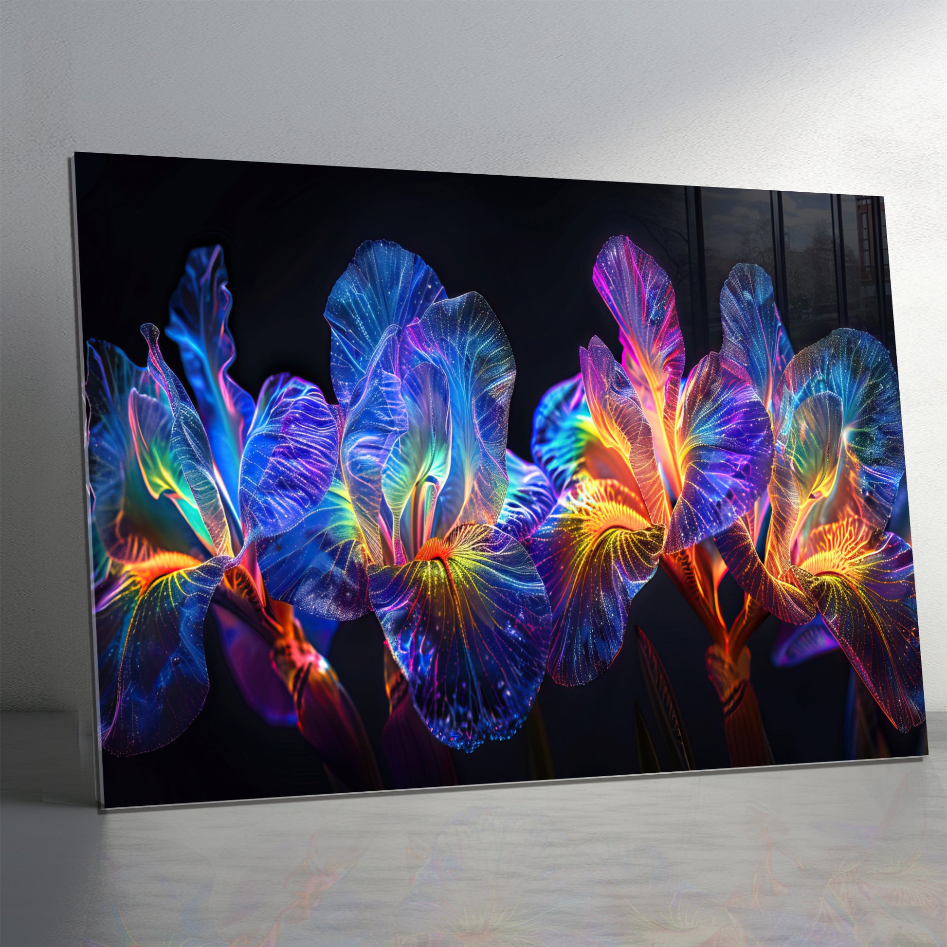 Rainbow Neon Iris Glass Wall Art – Glowing Colorful Floral Design on Tempered Glass