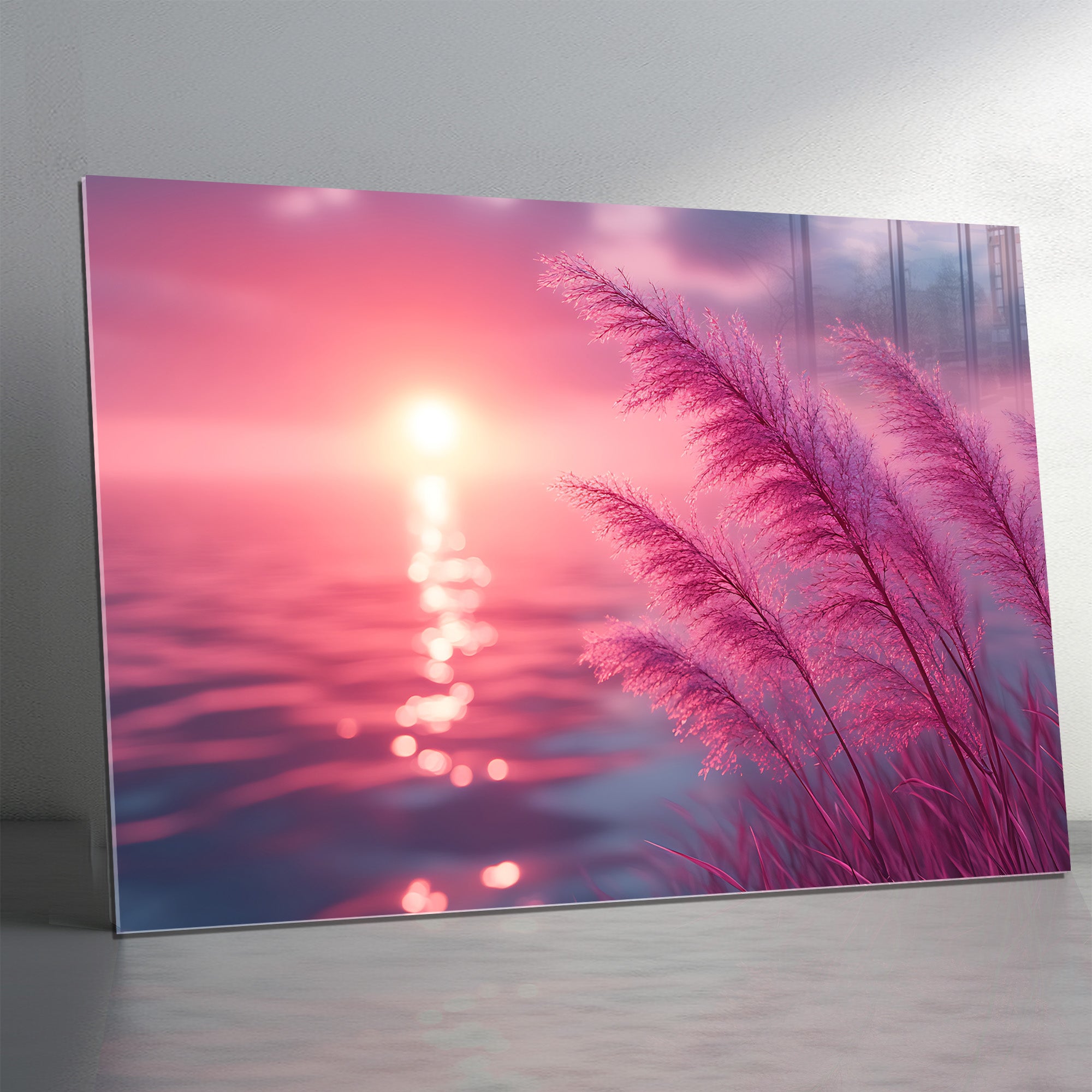 Pembe Gün Batımı ve Sazlık Manzara Temperli Cam Duvar Tablosu – Modern Ev Dekoru