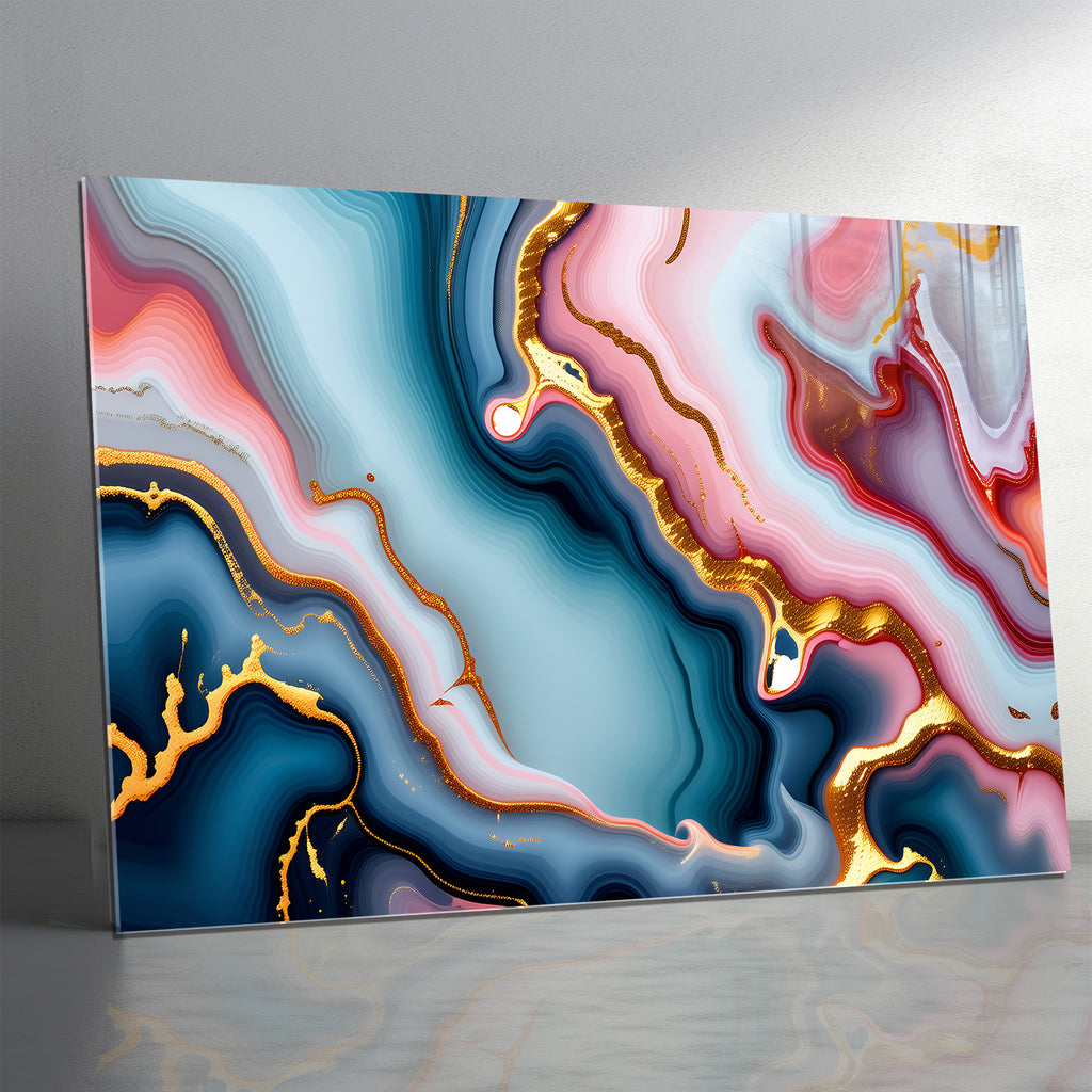 Temperli Cam Duvar Tablosu – Mavi Pembe Mermer Soyut Dekor