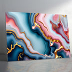 Temperli Cam Duvar Tablosu – Mavi Pembe Mermer Soyut Dekor