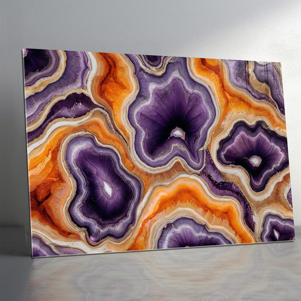Temperli Cam Duvar Tablosu – Turuncu Mor Mermer Soyut Dekor