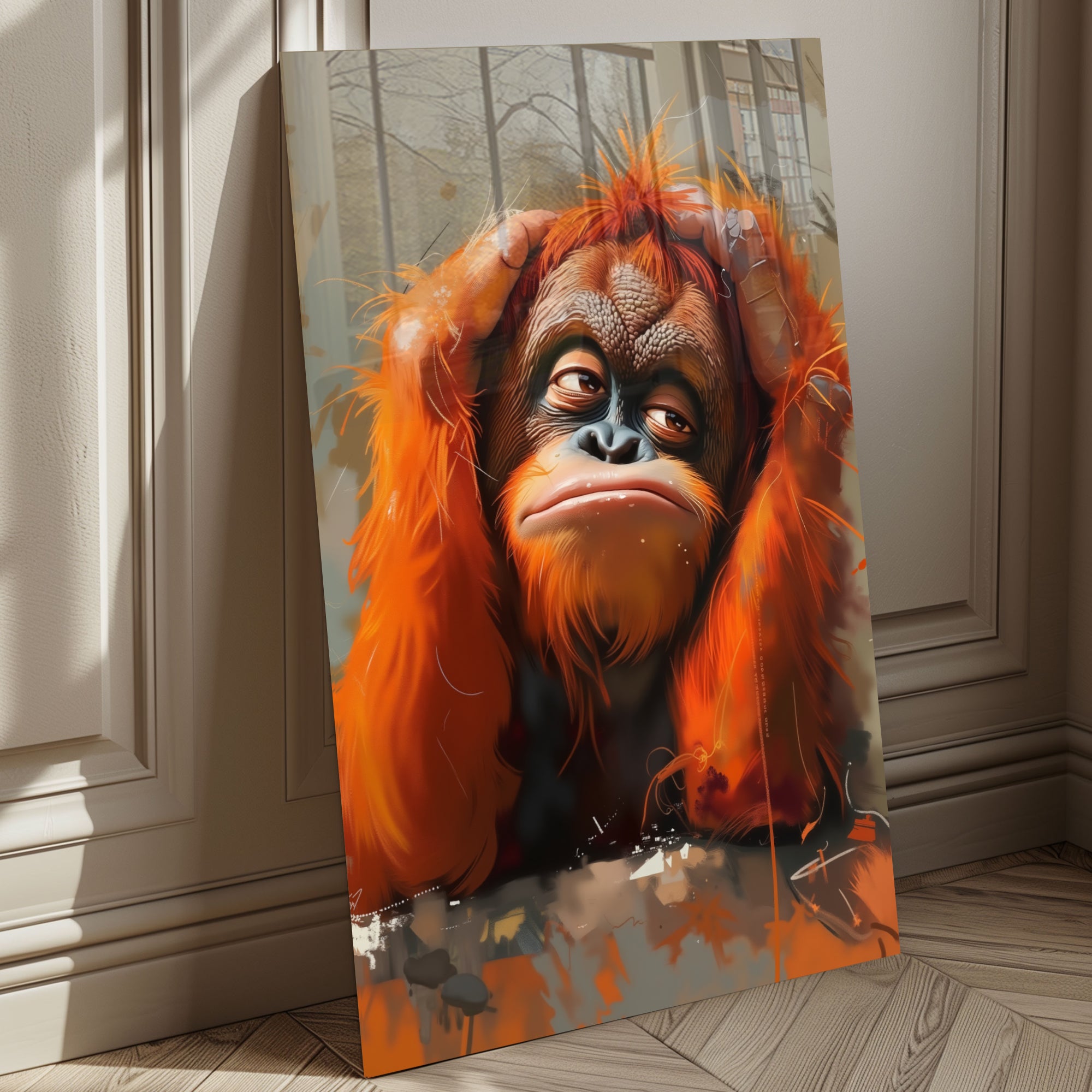 Turuncu Orangutan Temalı Temperli Cam Tablo – Modern Sanat & Mizahi Dekor