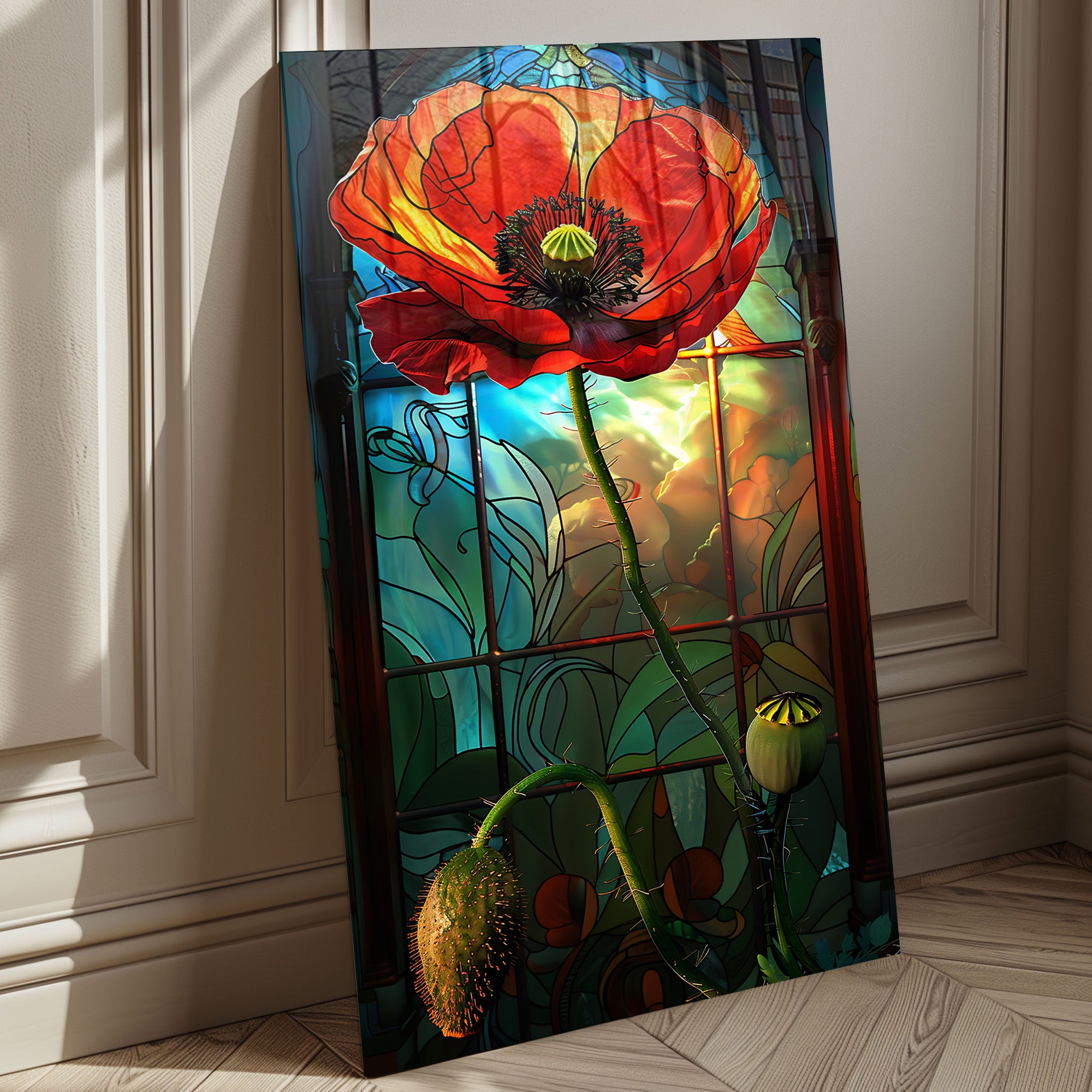 Temperli Cam Duvar Tablosu – Vitray Temalı Gelincik Çiçeği Cam Tablo