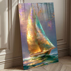 Temperli Cam Yelkenli Duvar Tablosu – Modern Deniz Temalı Dekor, Altın Işıltılı Soyut Deniz Manzarası