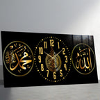 İslami Saatli Temperli Cam Tablo – Allah & Muhammed Yazılı Modern Duvar Saati, Ahşap Dese