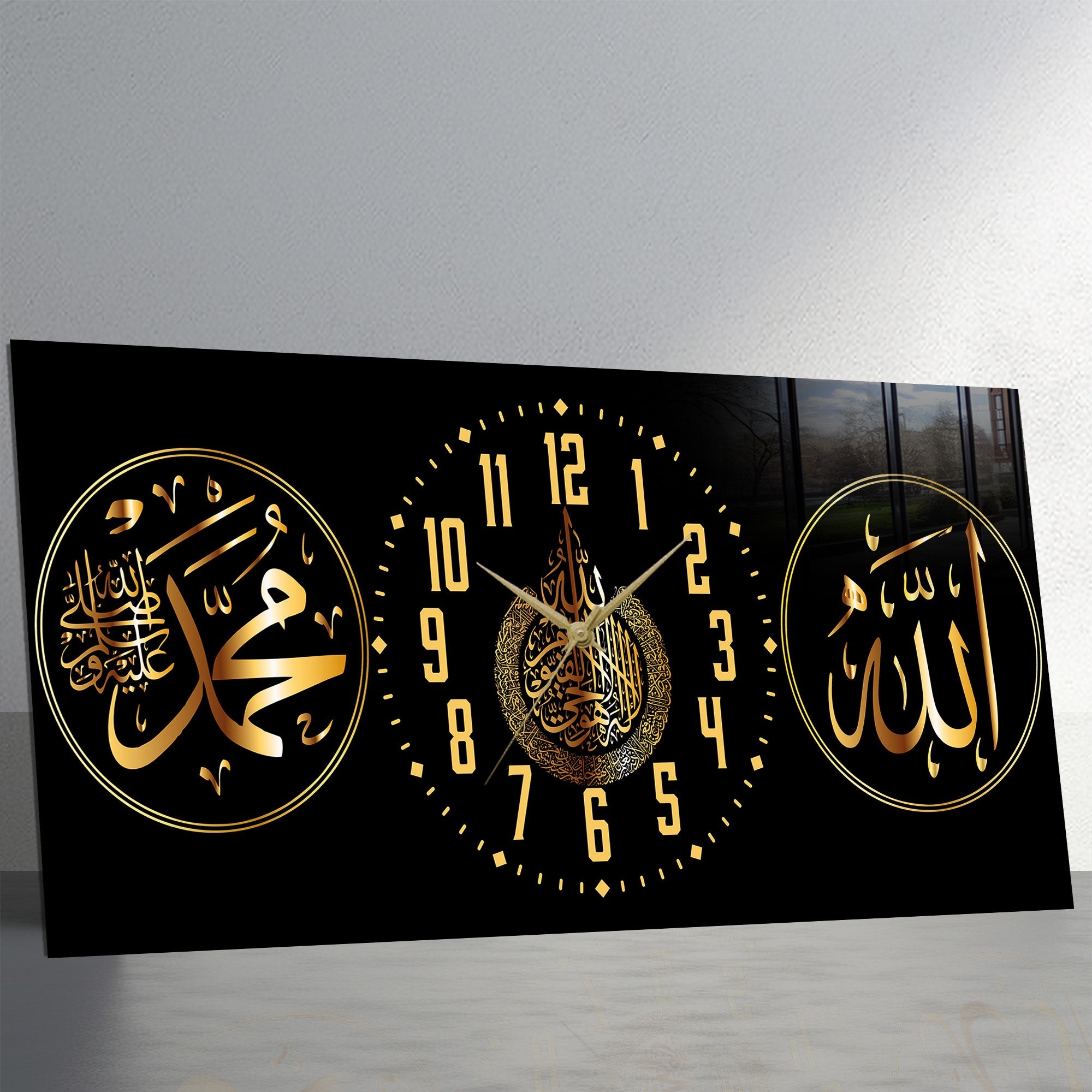 İslami Saatli Temperli Cam Tablo – Allah & Muhammed Yazılı Modern Duvar Saati, Ahşap Dese