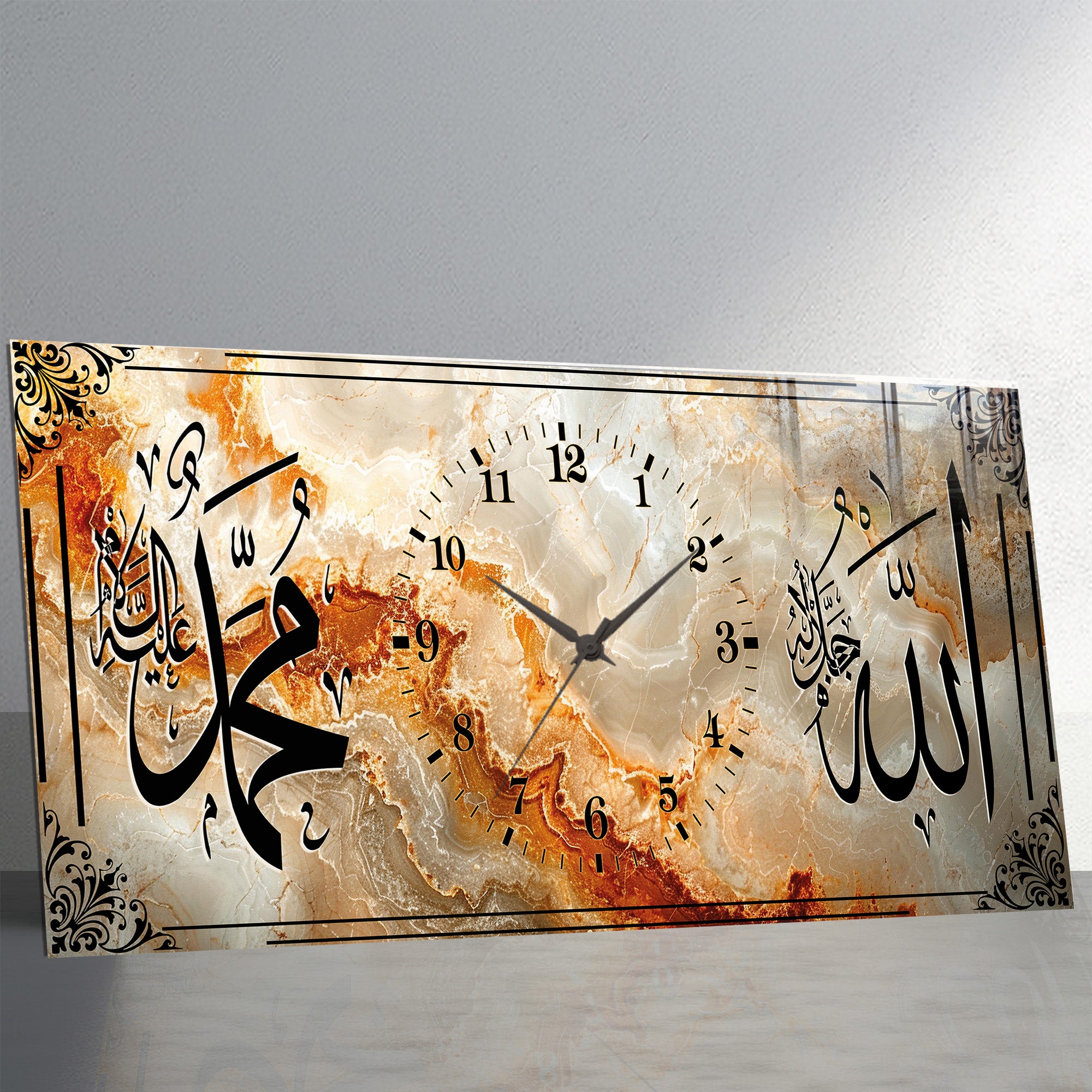 İslami Saatli Temperli Cam Tablo – Allah & Muhammed Yazılı Modern Duvar Saati, Ahşap Desenli Premium UV Baskı
