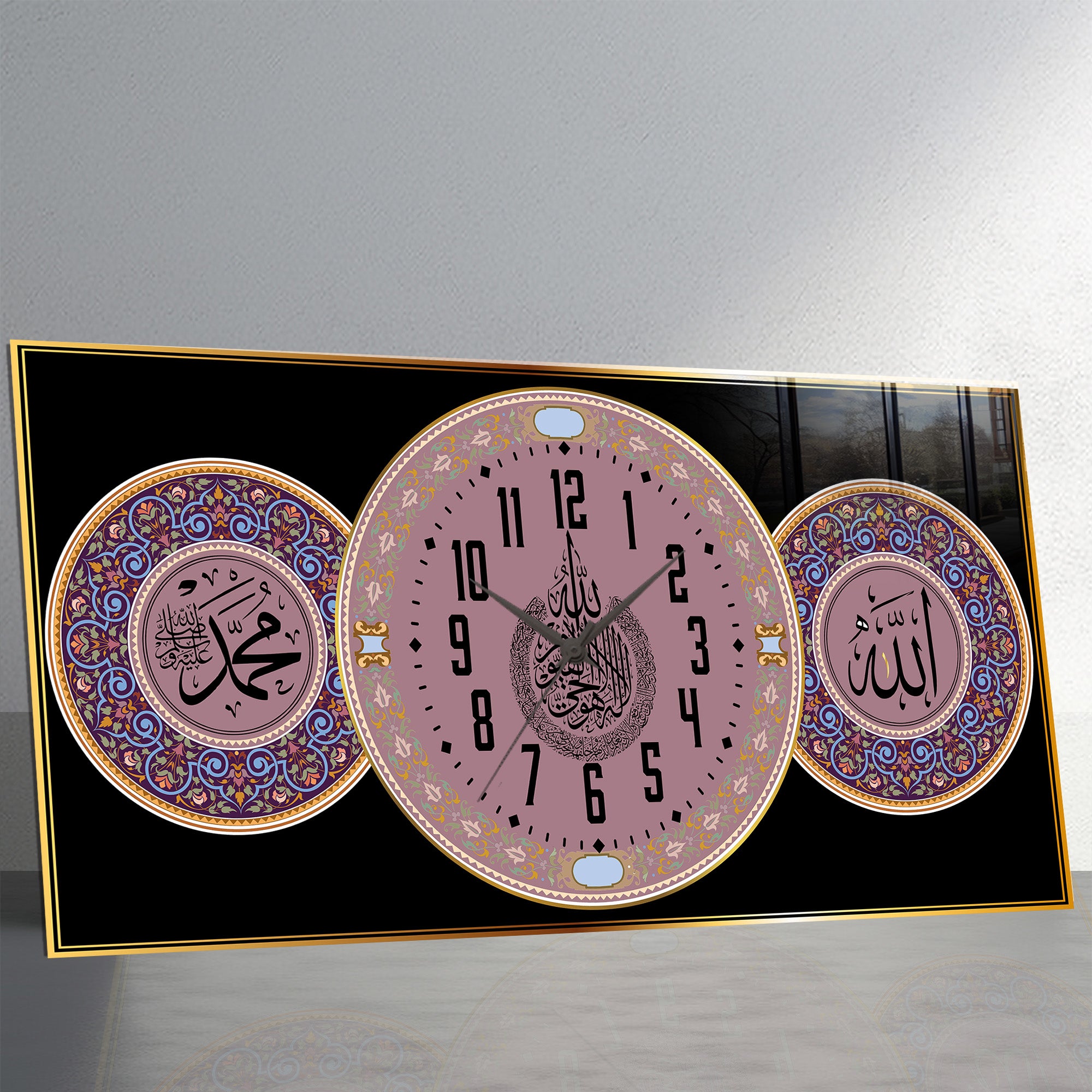Nur Suresi 35 Ayetli Saatli Temperli Cam Tablo – Allah & Muhammed Yazılı, Türkçe Okunuşlu, Lüks İslami Duvar Saati