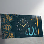 İslami Saatli Temperli Cam Tablo – Allah & Muhammed Yazılı Modern Duvar Saati, Ahşap Desenli Premium UV Baskı (Kopya)