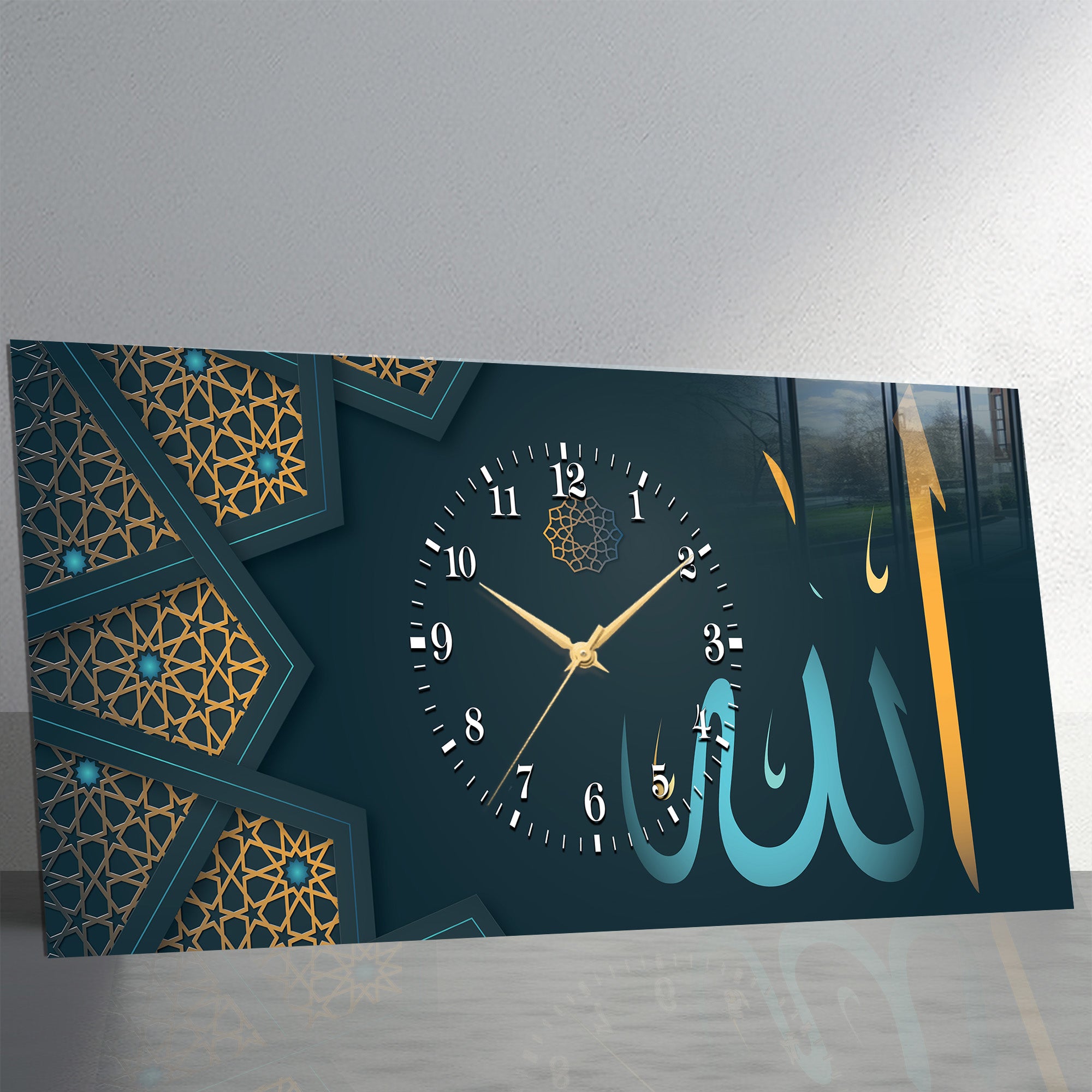 İslami Saatli Temperli Cam Tablo – Allah & Muhammed Yazılı Modern Duvar Saati, Ahşap Desenli Premium UV Baskı (Kopya)