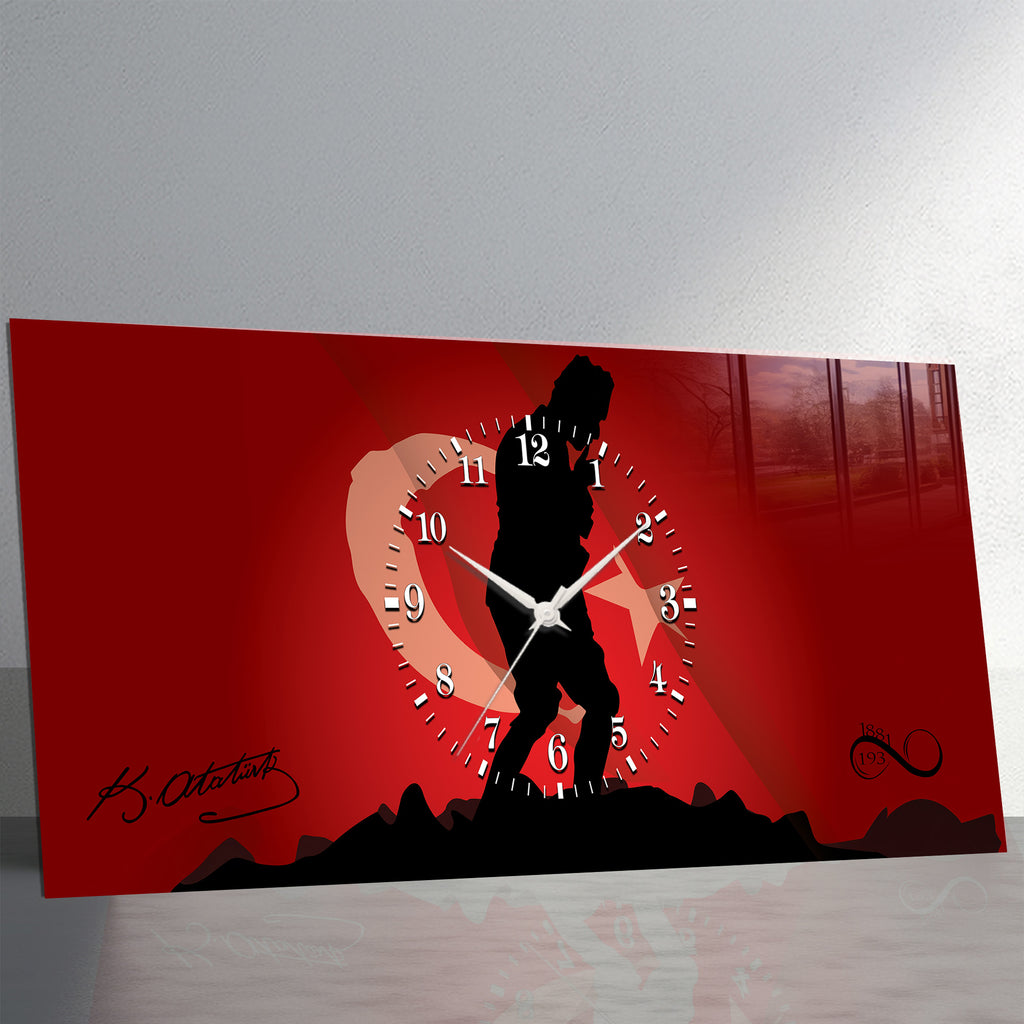 Kırmızı Türk Bayraklı Saatli Temperli Cam Saat –Atatürk Portresi  Tasarım, Premium UV Baskı Duvar Saati