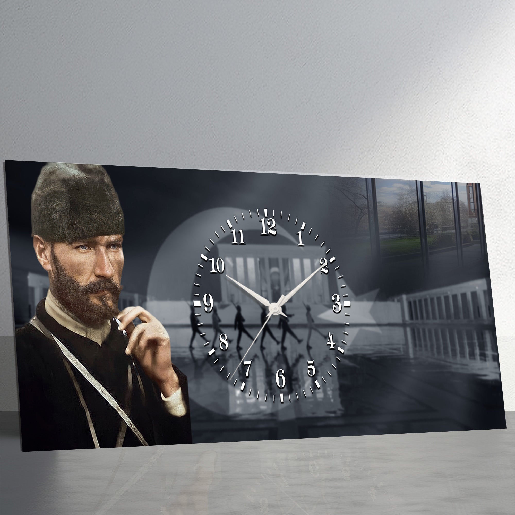 Anıtkabir Temalı Temperli Cam Saat –Atatürk Portresi  Tasarım, Premium UV Baskı Duvar Saati