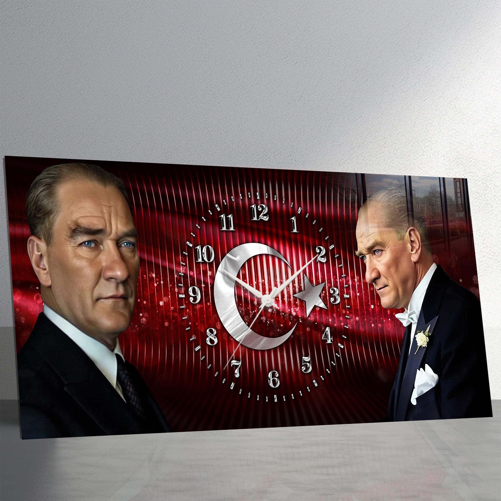 Kırmızı Türk Bayraklı Saatli Temperli Cam Saat –Atatürk Portresi  Tasarım, Premium UV Baskı Duvar Saati