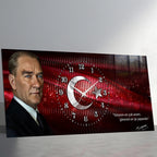Kırmızı Türk Bayraklı Saatli Temperli Cam Saat –Atatürk Portresi  Tasarım, Premium UV Baskı Duvar Saati