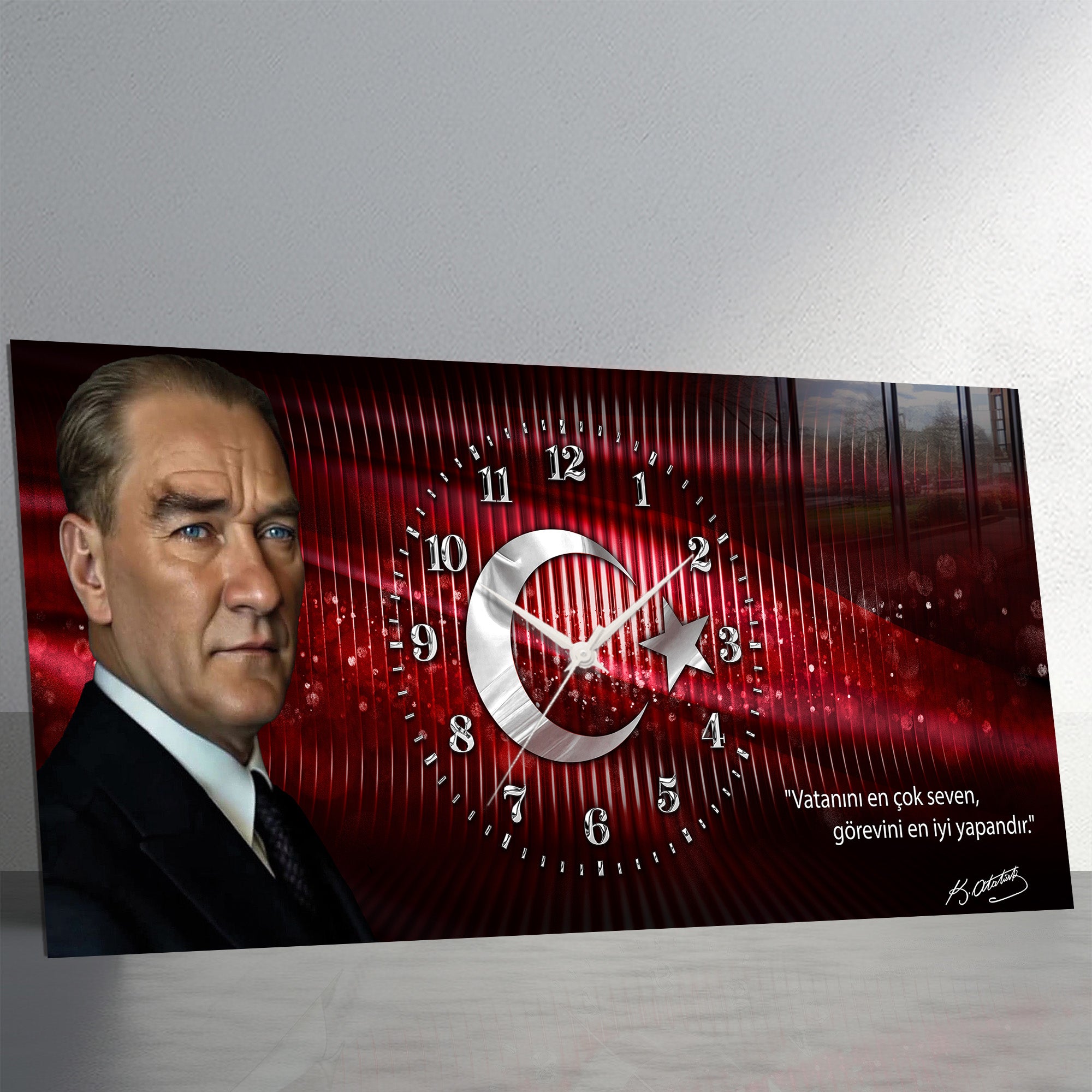 Kırmızı Türk Bayraklı Saatli Temperli Cam Saat –Atatürk Portresi  Tasarım, Premium UV Baskı Duvar Saati