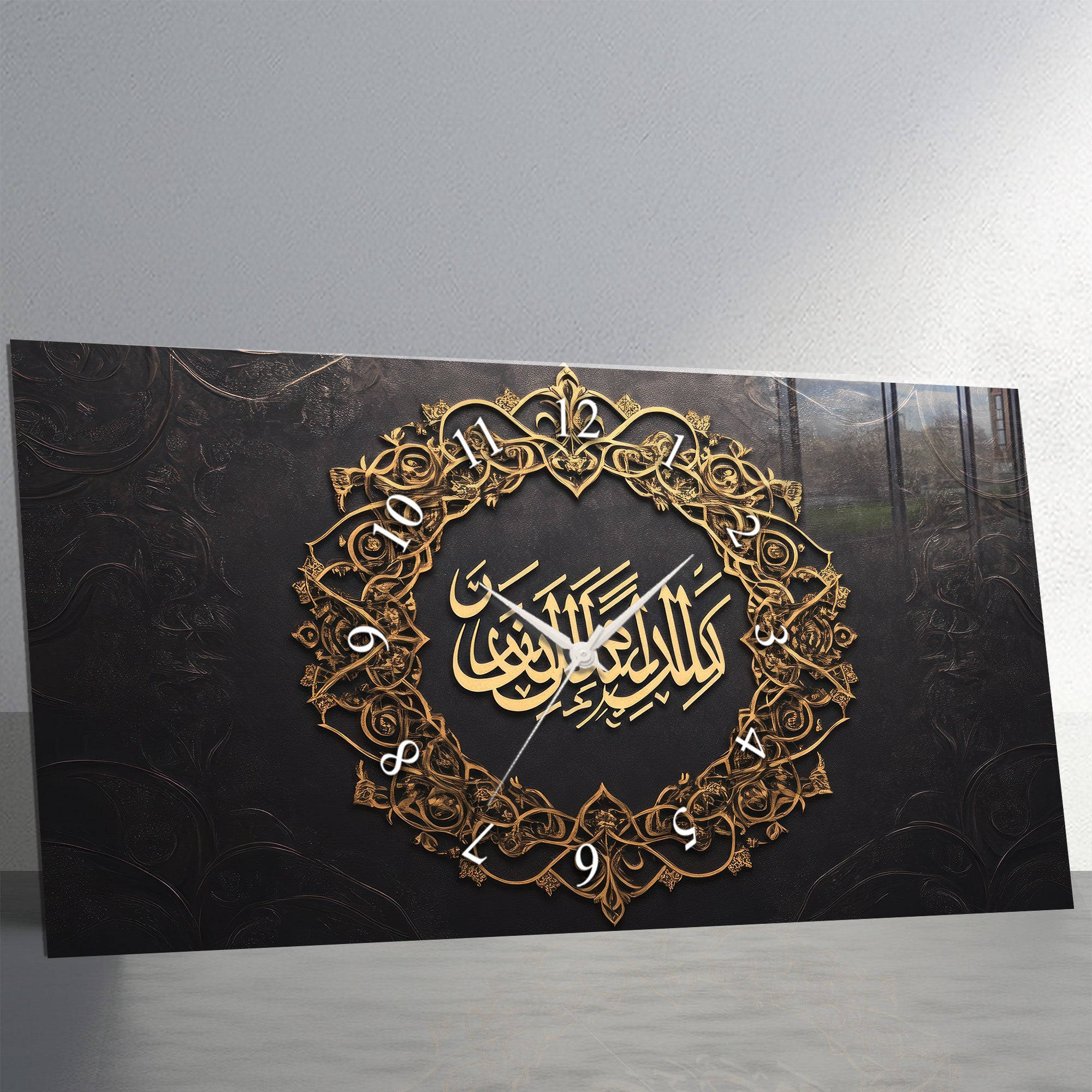 Temperlenmiş Cam İslami Duvar Saati – “Lâ İlâhe İllAllâh” Hat Sanatı, Siyah Altın Asil Dekor