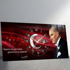 Kırmızı Türk Bayraklı Saatli Temperli Cam Saat –Atatürk Portresi  Tasarım, Premium UV Baskı Duvar Saati (Kopya) (Kopya) (Kopya)