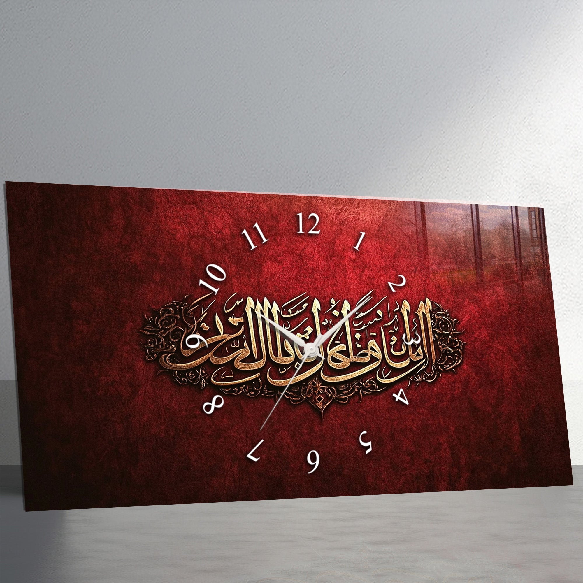 Temperli Cam İslami Duvar Saati –Temperli Cam Duvar Saati – Bismillahirrahmanirrahim Hat Sanatı, Kırmızı Altın İslami Dekor
