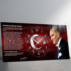 Kırmızı Türk Bayraklı Saatli Temperli Cam Tablo –Atatürk Portresi Ve Gençliğe Hitabe Tasarım, Premium UV Baskı Duvar Saati (Kopya) (Kopya)