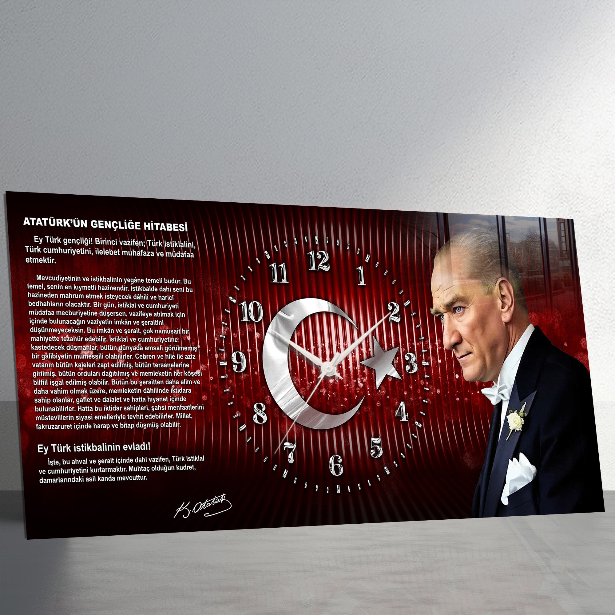 Kırmızı Türk Bayraklı Saatli Temperli Cam Tablo –Atatürk Portresi Ve Gençliğe Hitabe Tasarım, Premium UV Baskı Duvar Saati (Kopya) (Kopya)