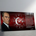 Kırmızı Türk Bayraklı Saatli Temperli Cam Tablo –Atatürk Portresi Ve Gençliğe Hitabe Tasarım, Premium UV Baskı Duvar Saati (Kopya)