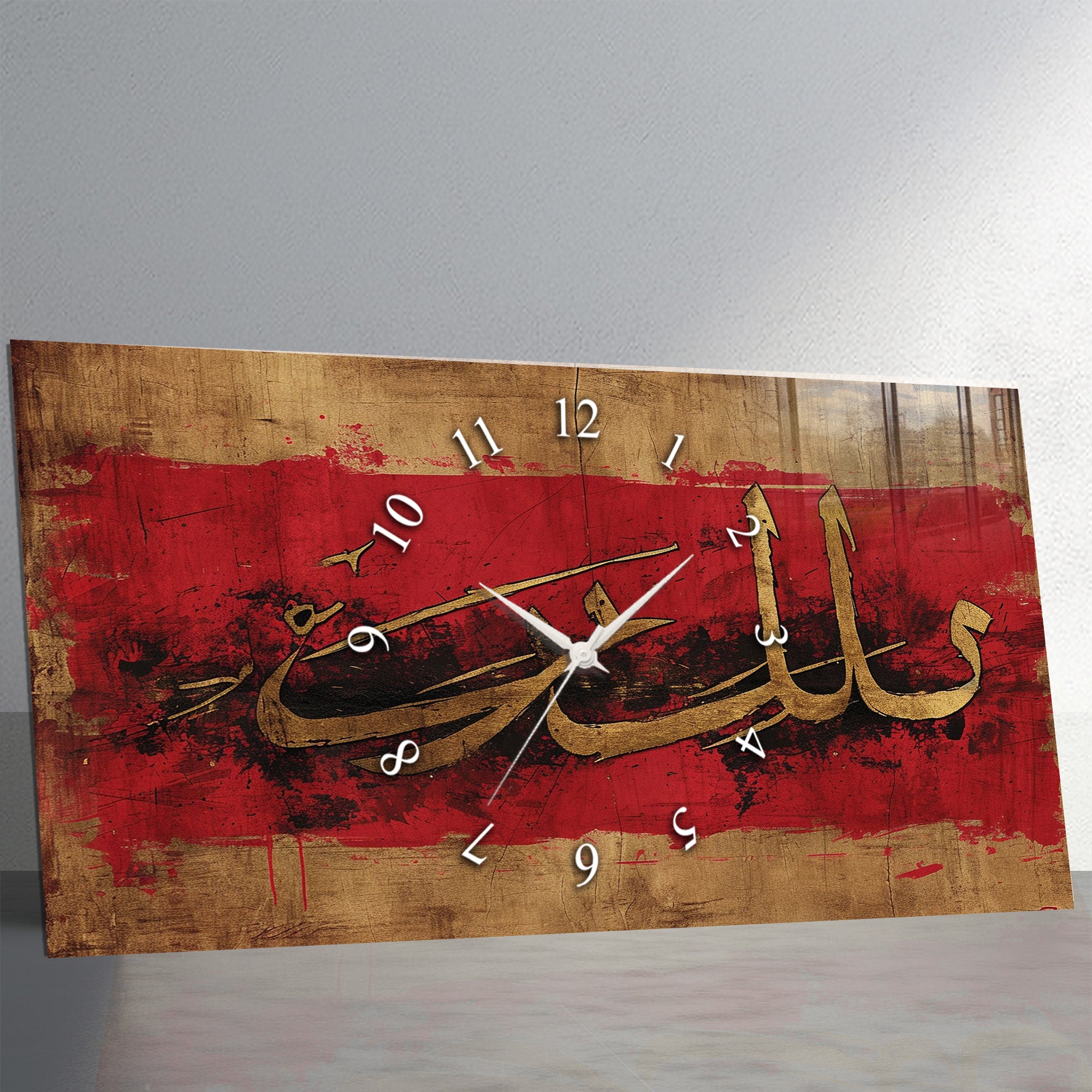 Temperlenmiş Cam İslami Duvar Saati – “Sabır” Hat Sanatı, Kırmızı Altın Modern Dekor