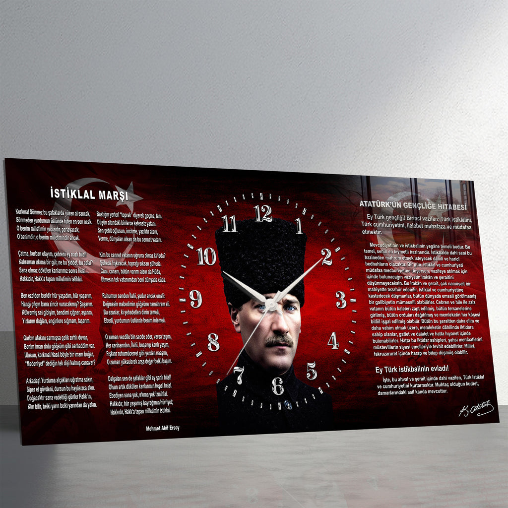 Kırmızı Türk Bayraklı Saatli Temperli Cam Tablo –İstiklal marşe ve Gençliğe Hitabe Atatürk Portre Tasarım, Premium UV Baskı Duvar Saati
