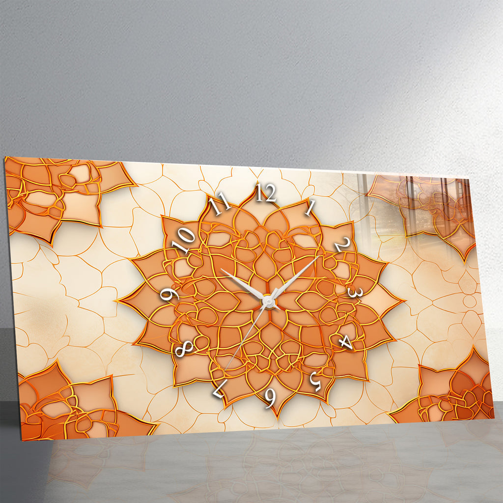 Temperli Cam İslami Duvar Saati –İslami Geometrik Desen, Turuncu Mandala Motifli Modern Deko
