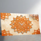 Temperli Cam İslami Duvar Saati –İslami Geometrik Desen, Turuncu Mandala Motifli Modern Deko