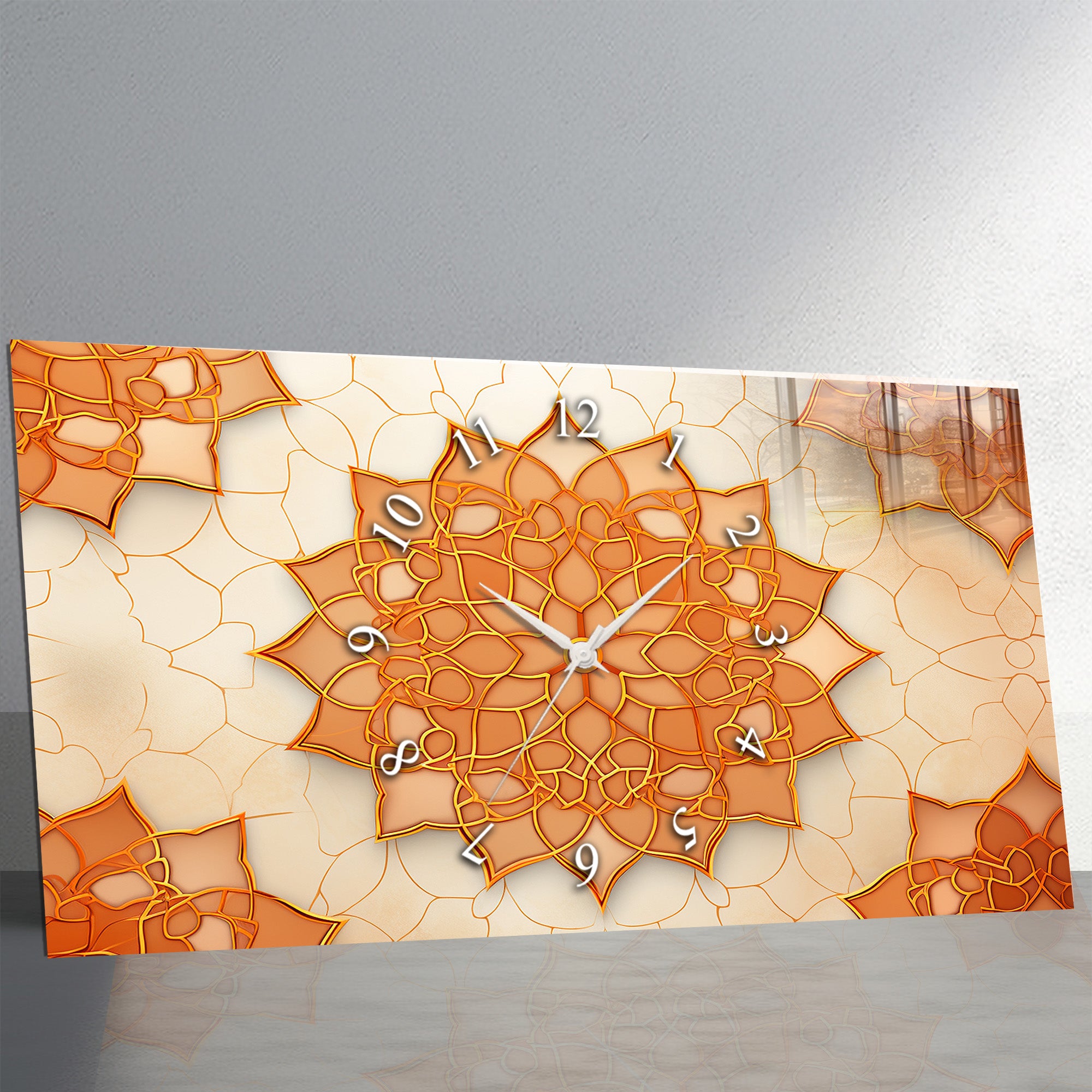 Temperli Cam İslami Duvar Saati –İslami Geometrik Desen, Turuncu Mandala Motifli Modern Deko