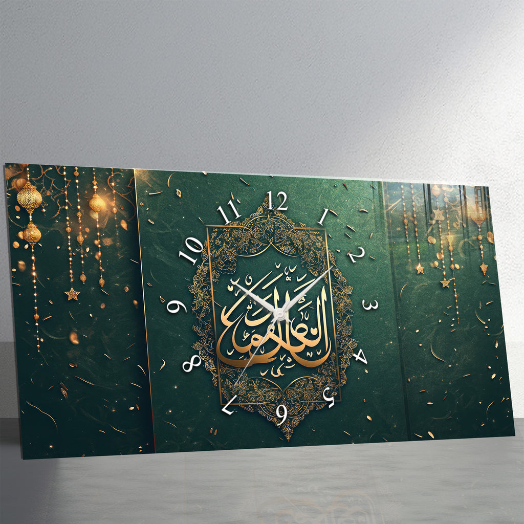 Temperli Cam İslami Duvar Saati – Allahu’l-Kerîm Hat Sanatı, Yeşil Altın 3 Parçalı İslami Dekor