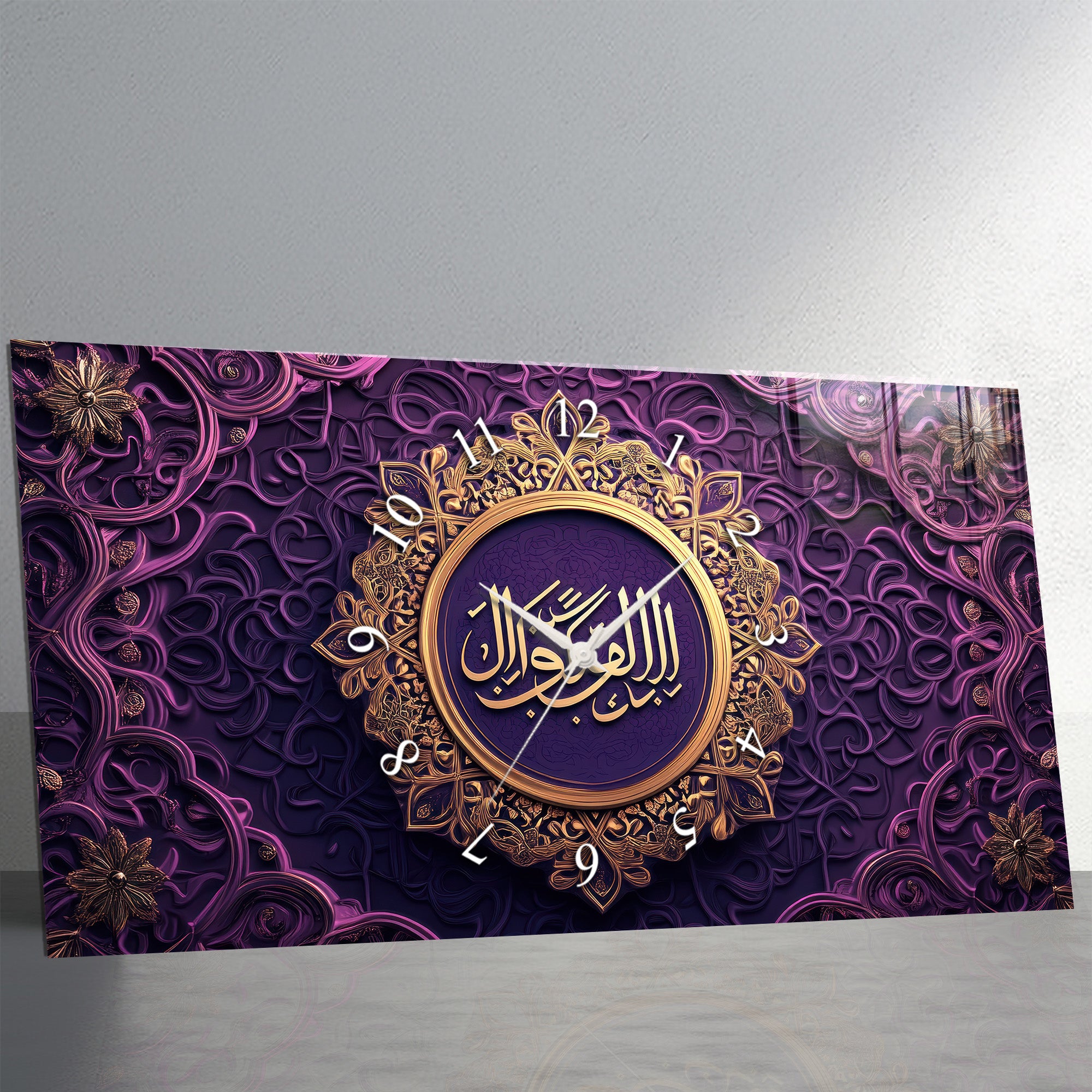 Temperli Cam İslami Duvar Saati – Allahu’l-Ahad Hat Sanatı, Mor Altın İslami Dekor