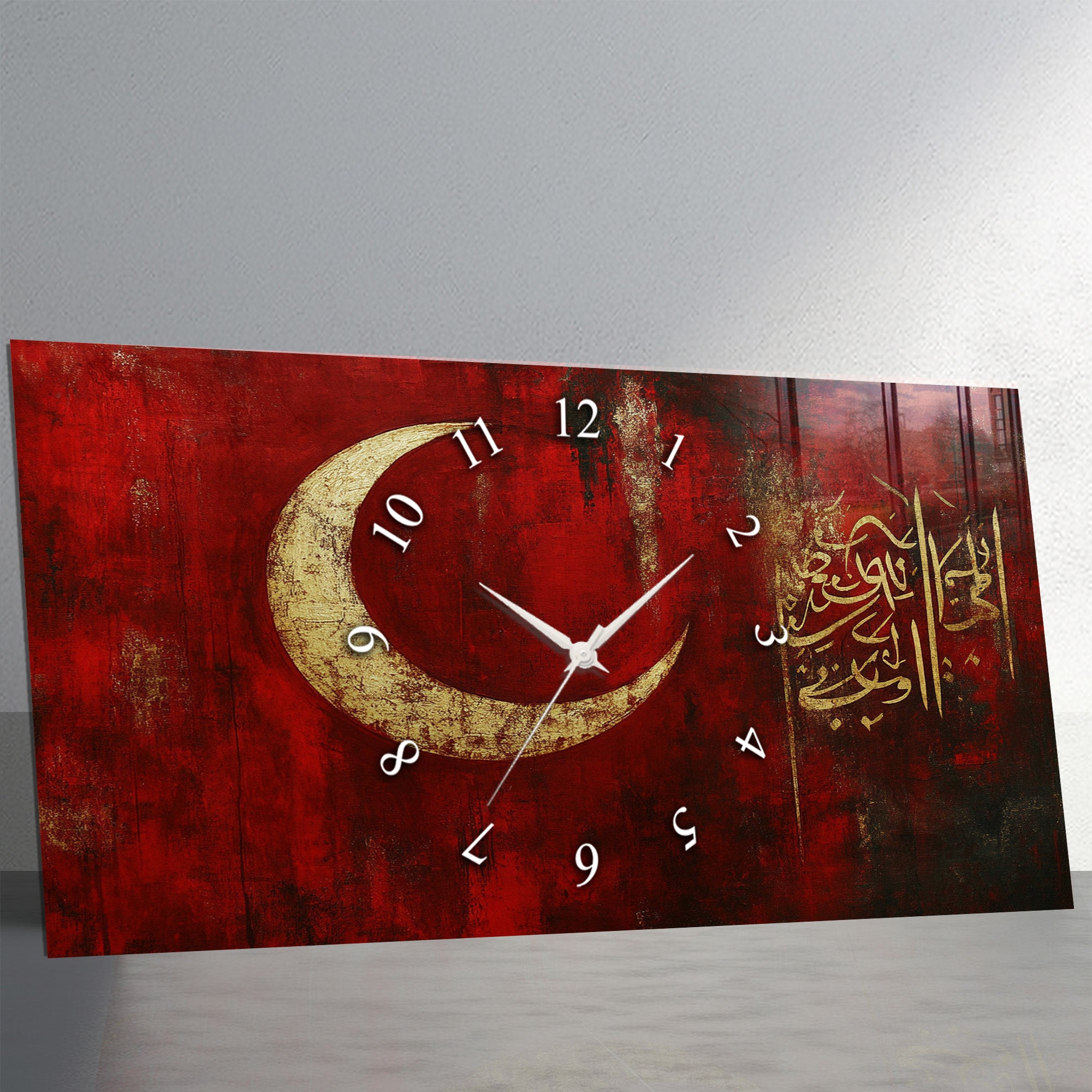 Temperli Cam İslami Duvar Saati – Ayetel Kürsi” Elhamdülillahi Rabbil Âlemin Hat Sanatı, Kırmızı Altın Türk Bayrağı Tasarımı