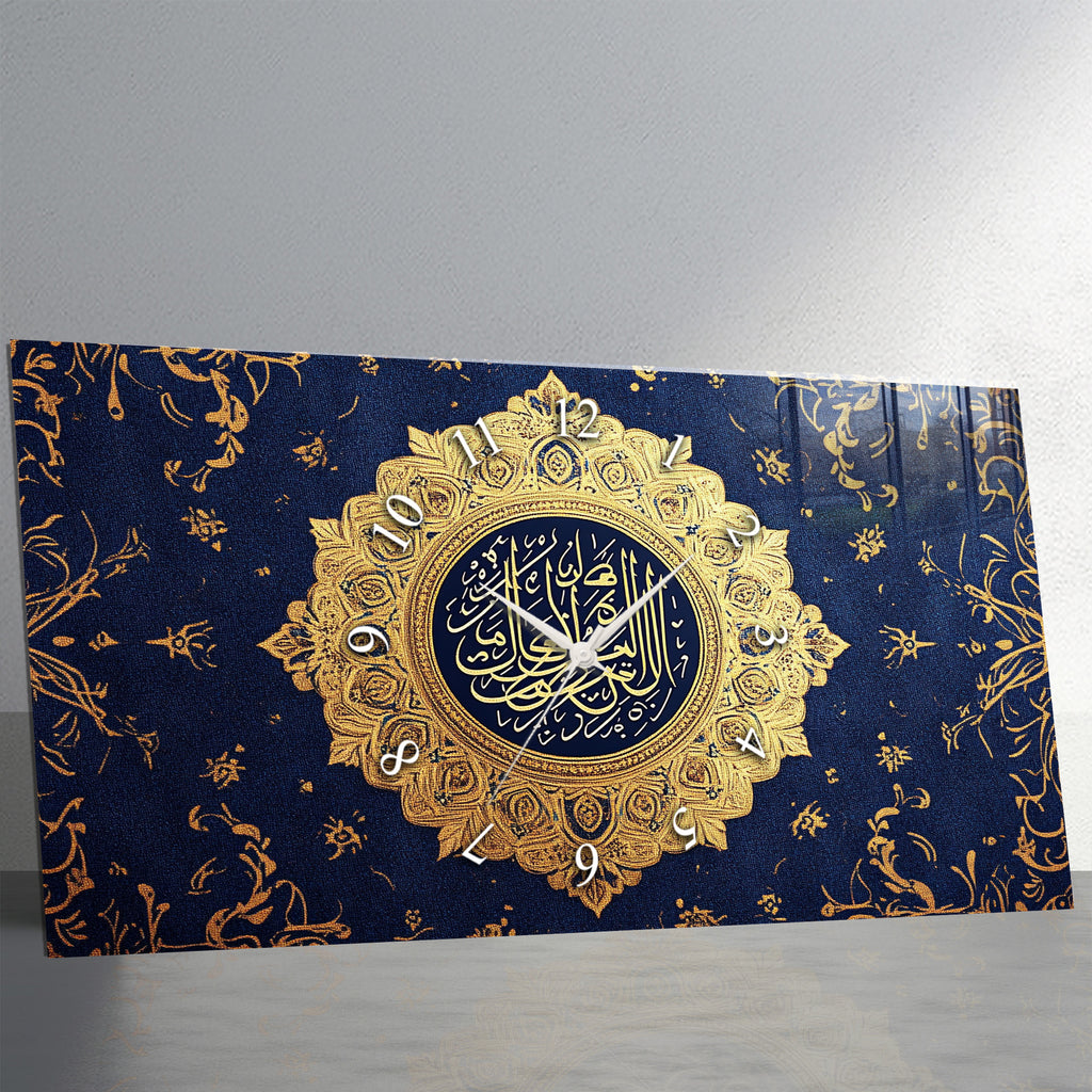 Temperli Cam İslami Duvar Saati – Ayetel Kürsi” Altın Hat Sanatı, Lacivert İslami Dekor