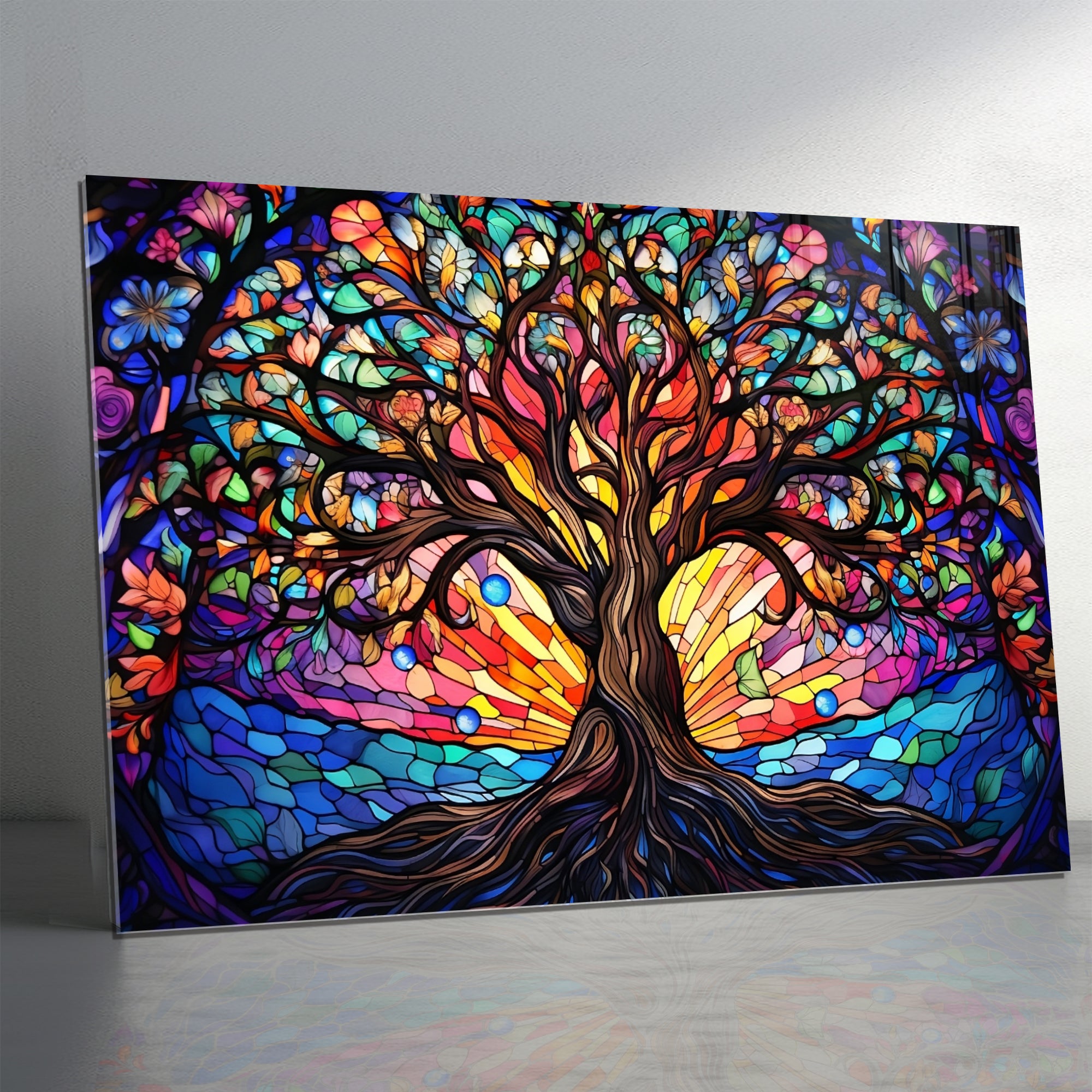 Ağaç Temalı Vitray Görünümlü Temperli Cam Tablo – Renkli Doğa Duvar Dekoru