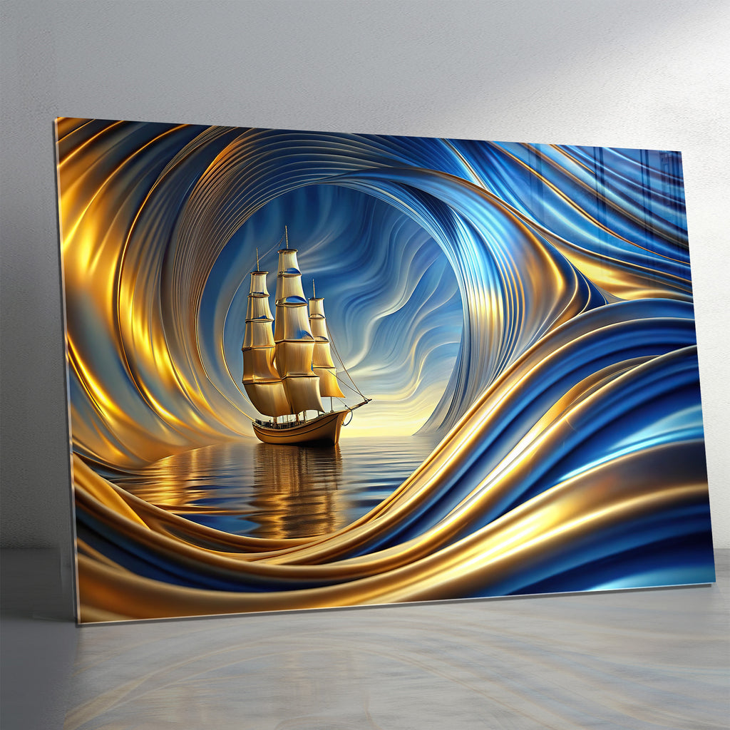 Temperli Cam Duvar Tablosu – Altın Mavi Soyut Gemi Dekor