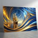 Temperli Cam Duvar Tablosu – Altın Mavi Soyut Gemi Dekor