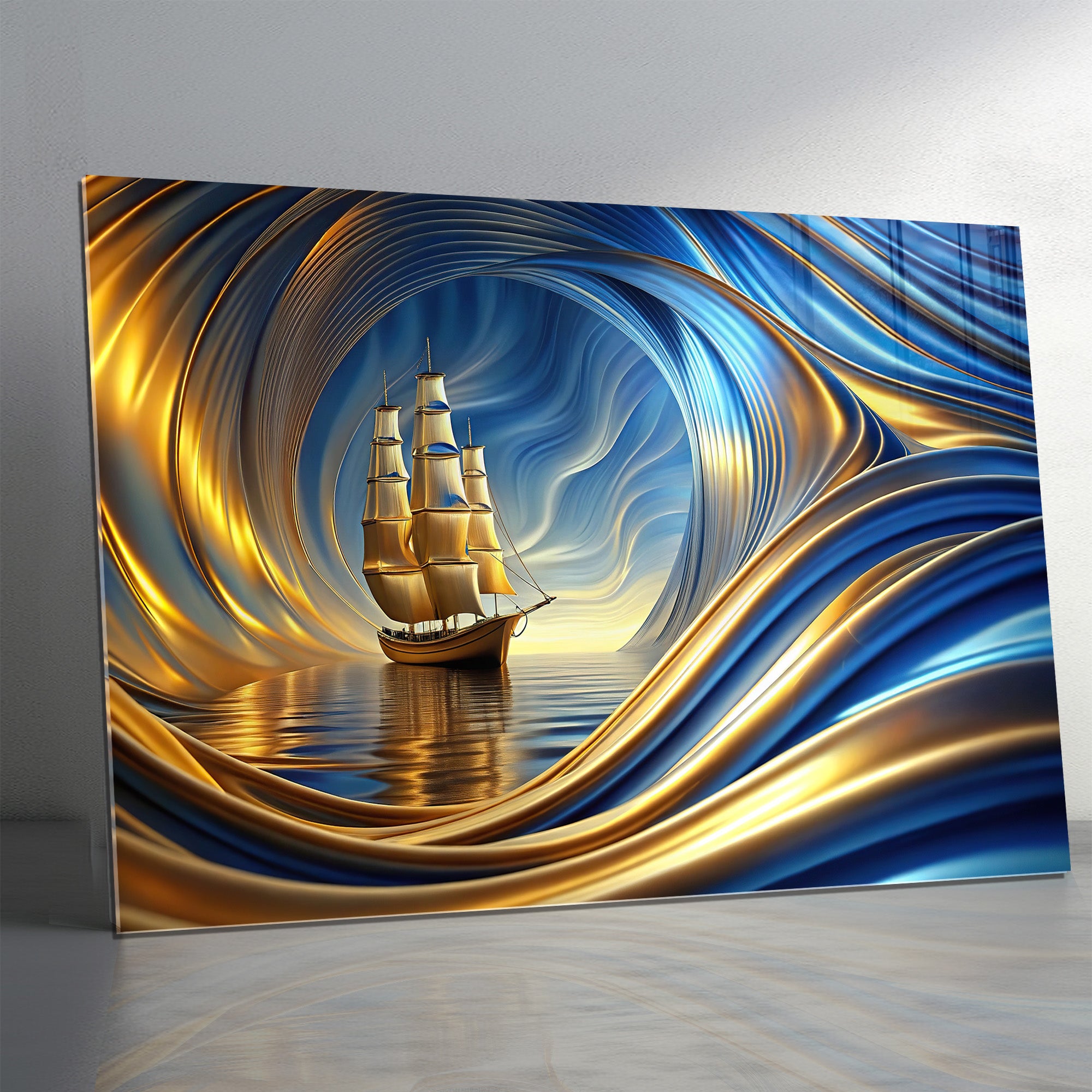 Temperli Cam Duvar Tablosu – Altın Mavi Soyut Gemi Dekor