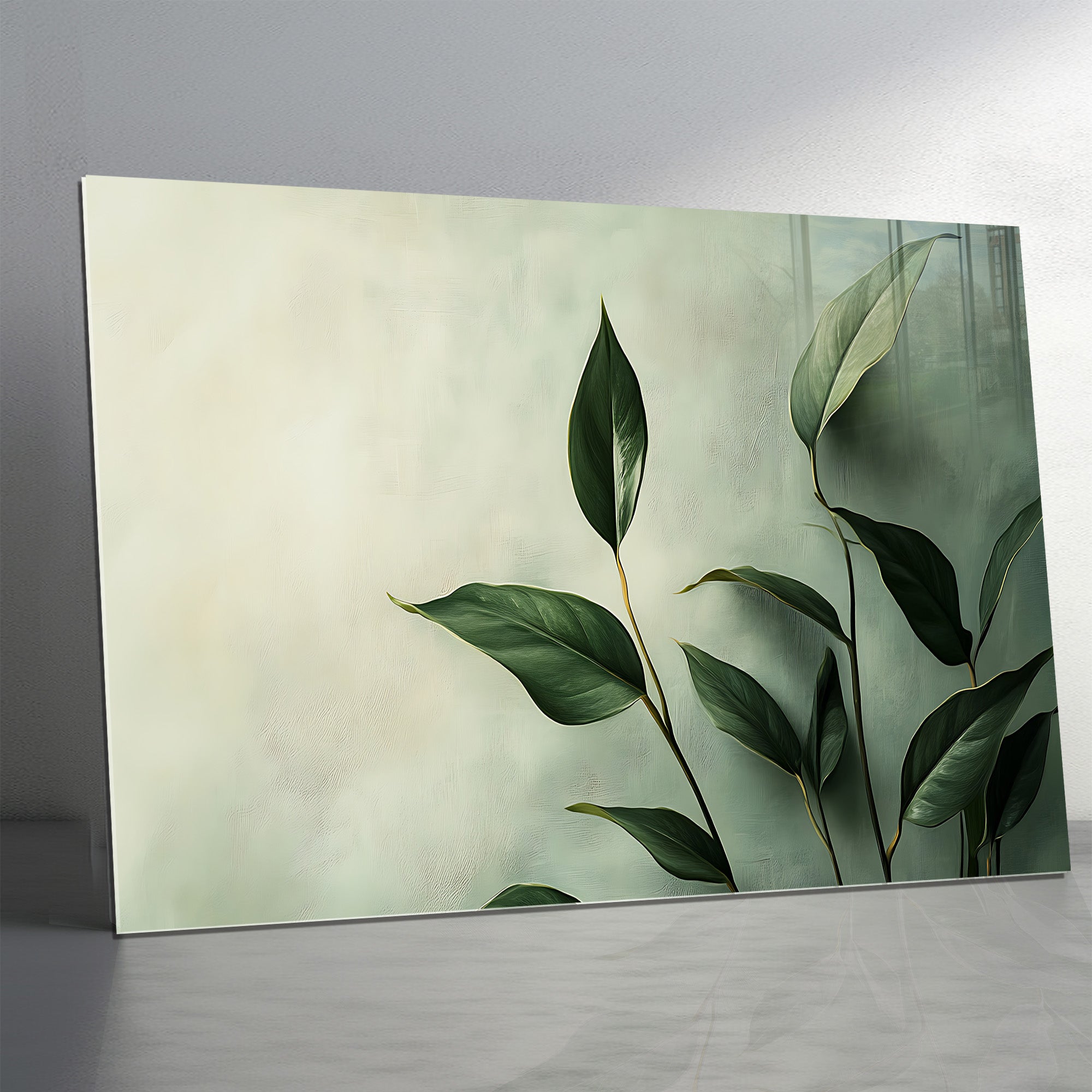 Temperli Cam Duvar Tablosu – Yeşil yapraklar Dekoru